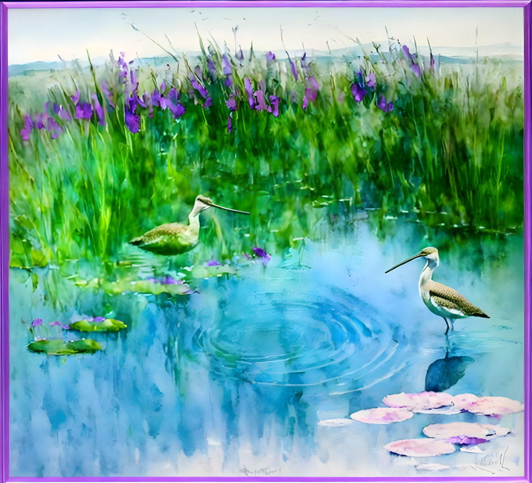 Birds by Reflective Pond: Vibrant Watercolor Painting