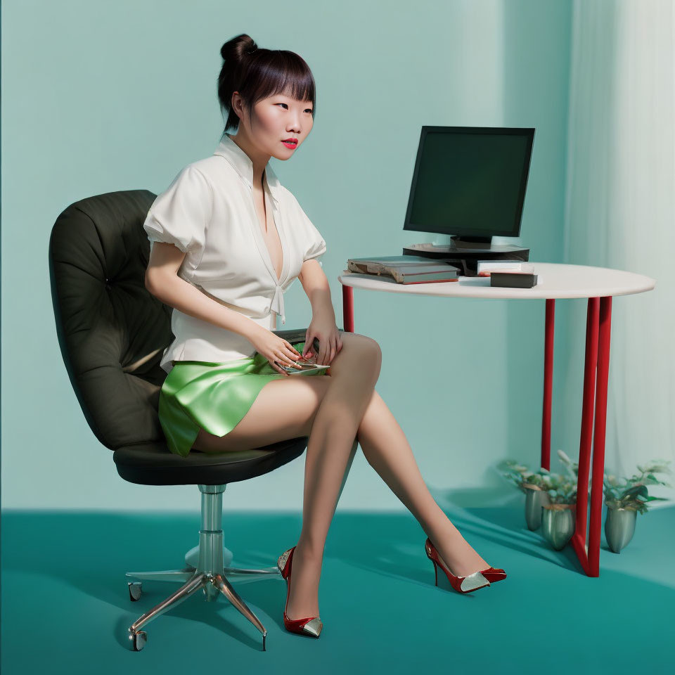 Woman in white blouse and green skirt at office desk with computer and books on teal background