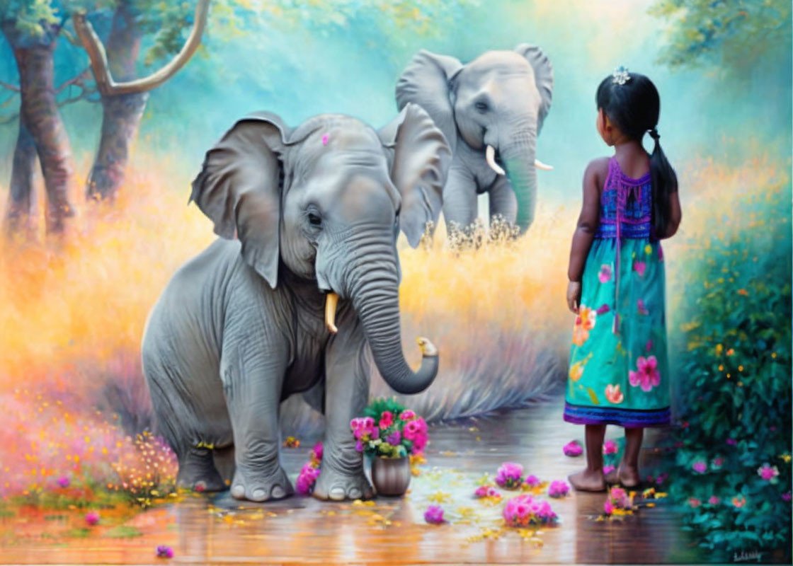 Young girl in floral dress with elephants in vibrant landscape