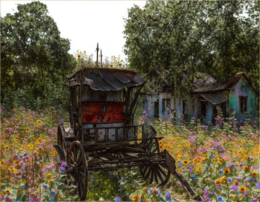 Vintage wooden carriage in rustic field with wildflowers & old buildings.