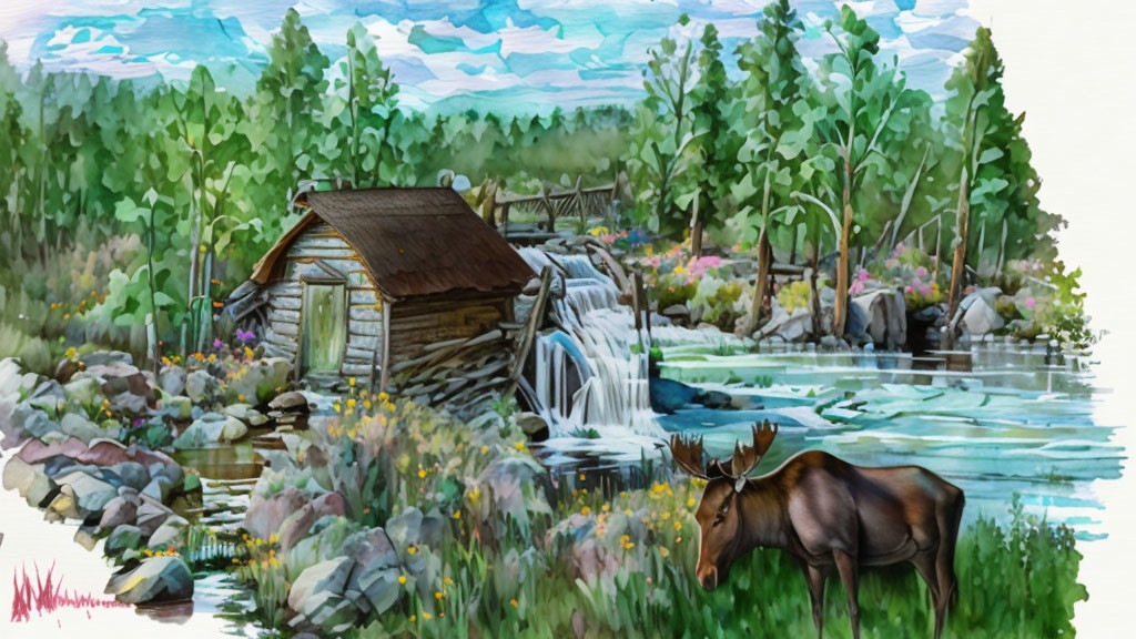 Scenic landscape with wooden cabin, waterfall, greenery, and moose.