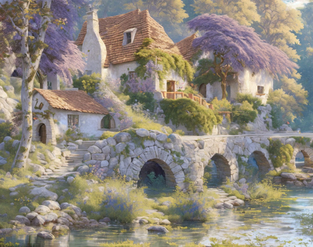 Tranquil landscape: idyllic cottage, purple wisteria, stone bridge, lush trees