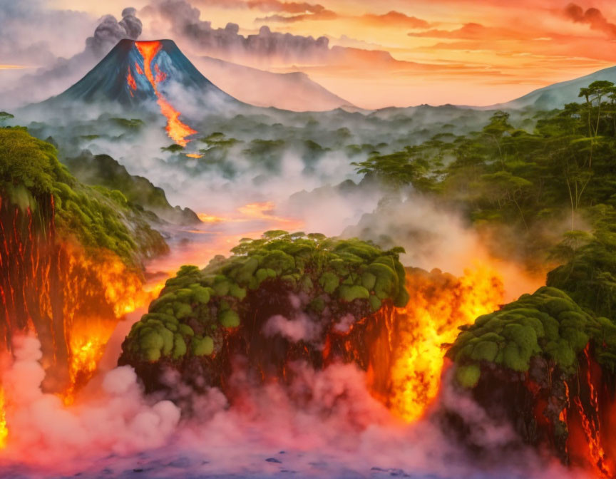 Fiery volcano erupting in lush landscape