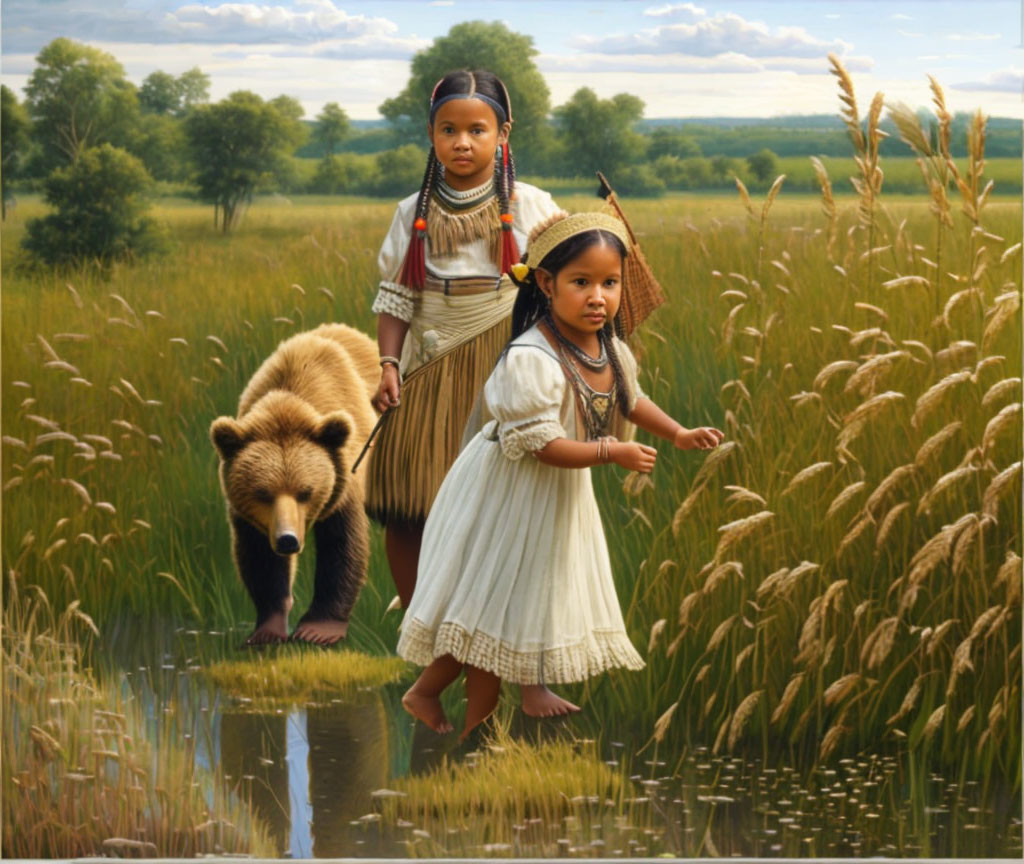 Two young girls in traditional attire with bear in field