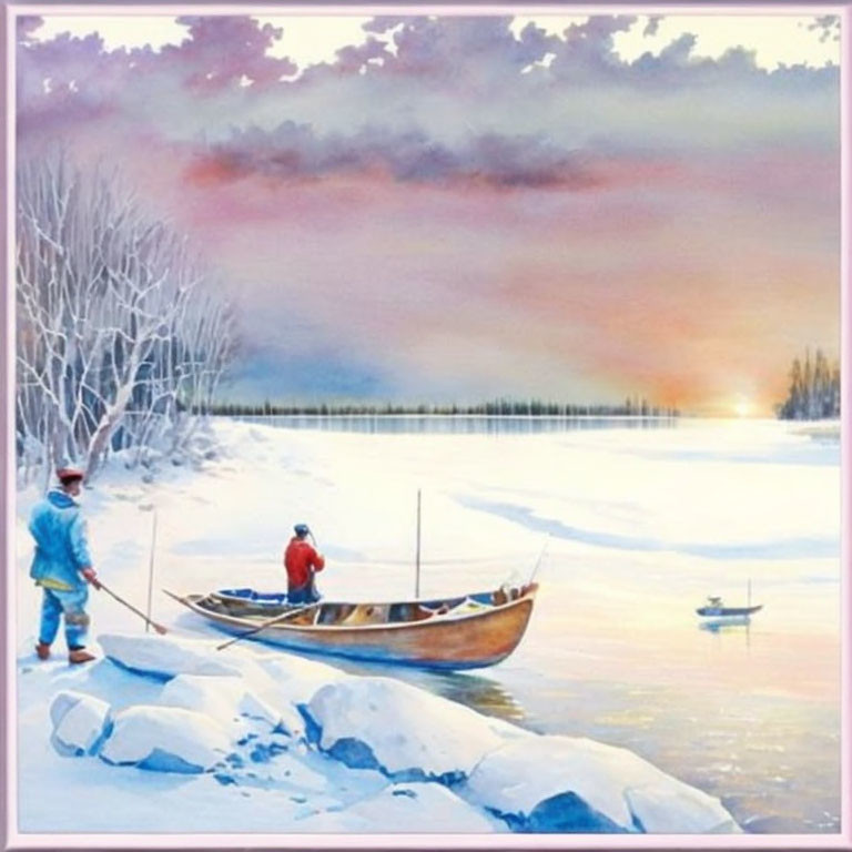 Two individuals near a boat on a snowy riverbank at twilight