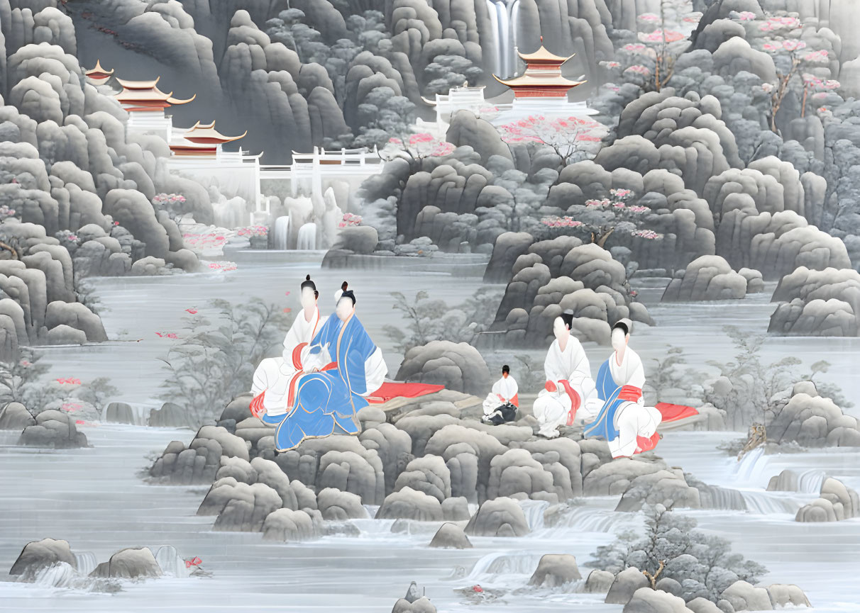 East Asian landscape painting with historical figures, mountains, pagodas, cherry blossoms, and mist