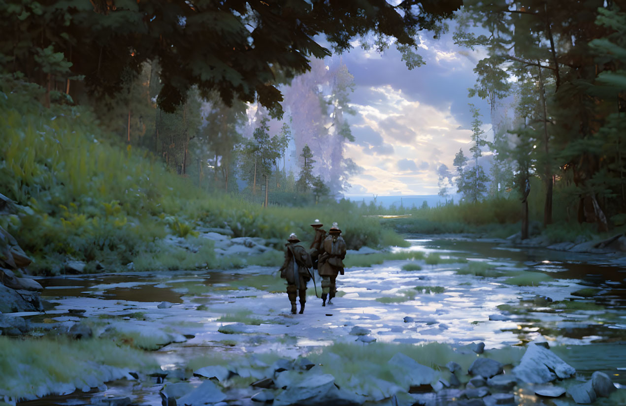 Two people in hats walking in shallow stream under purple-tinted sky