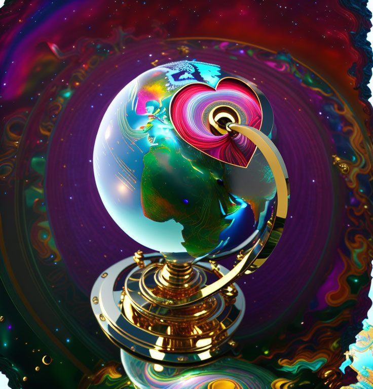 Digital artwork: Ornate golden stand with Earth and heart-shaped portal in cosmic background