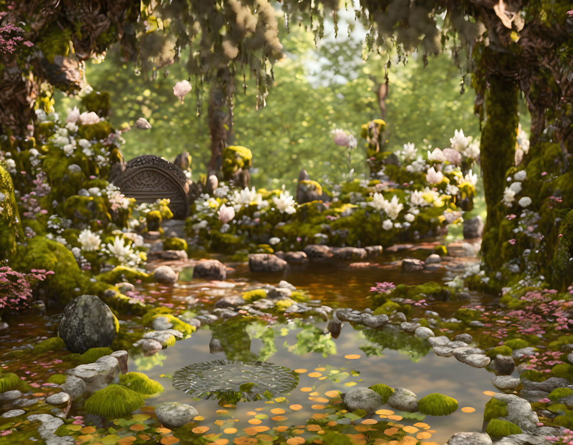 Tranquil forest pond with lush greenery and blooming flowers