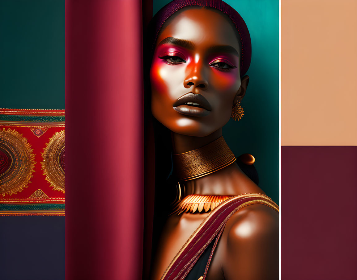 Colorful Portrait of Woman with Vibrant Makeup & Gold Jewelry