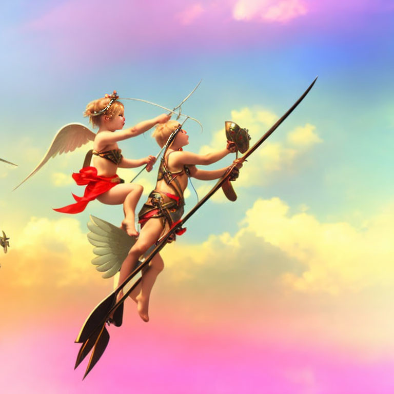 Animated cherubs with bows and arrows in vibrant pastel sky.