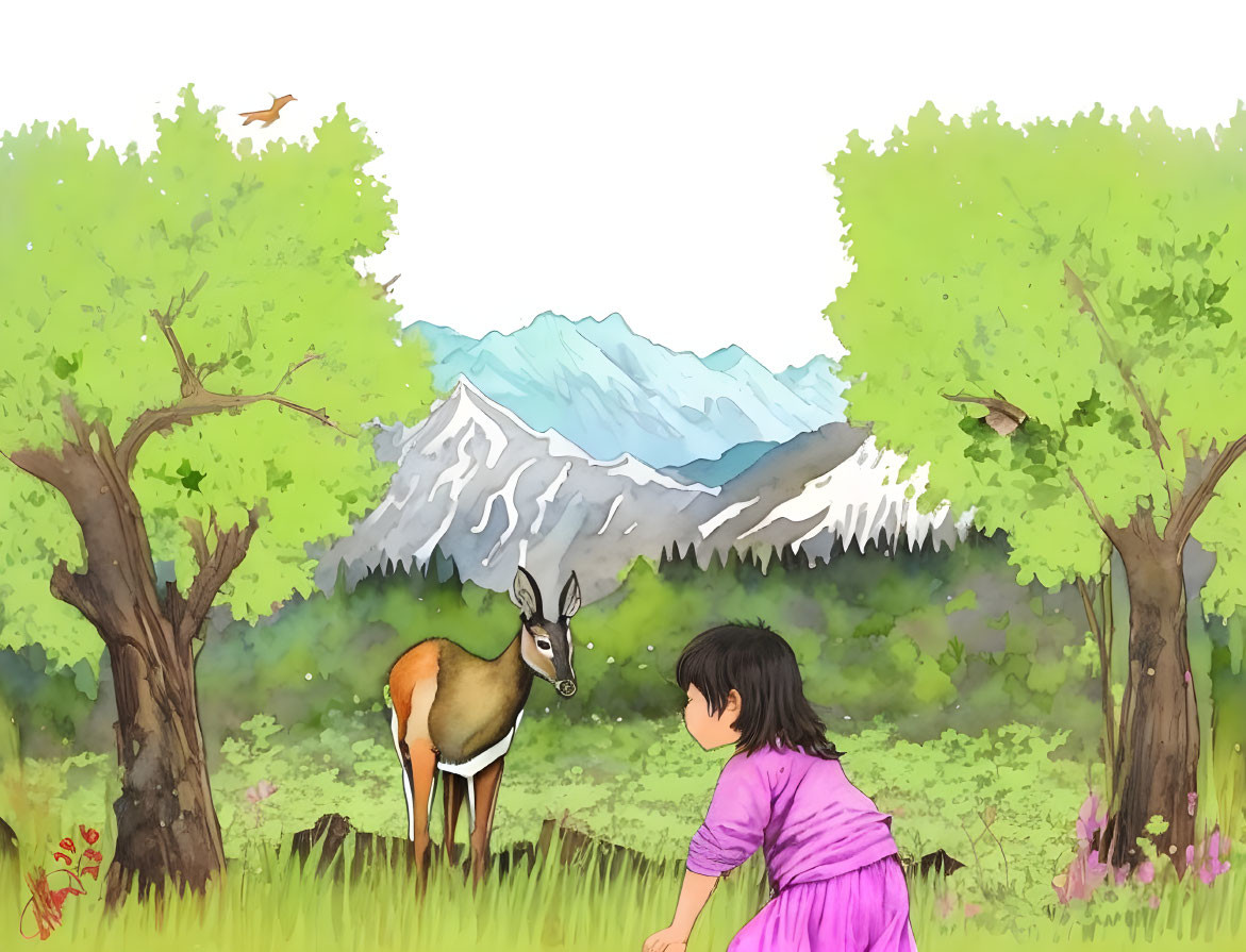 Young girl in purple dress meets deer in lush meadow with mountains