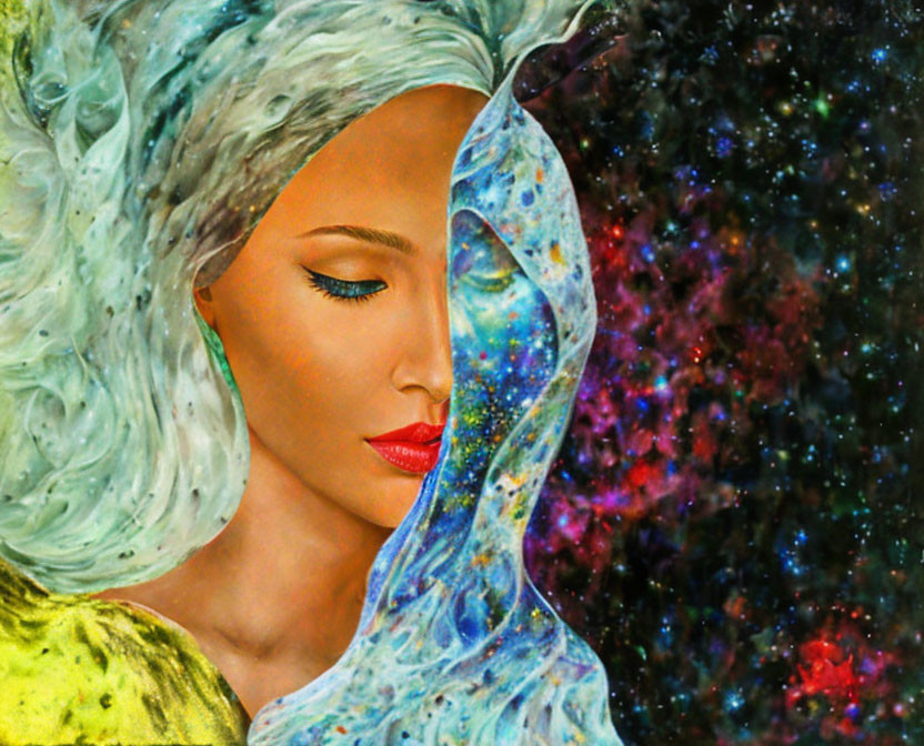 Profile of Woman with Cosmic Hair & Starry Cloak on Vibrant Background