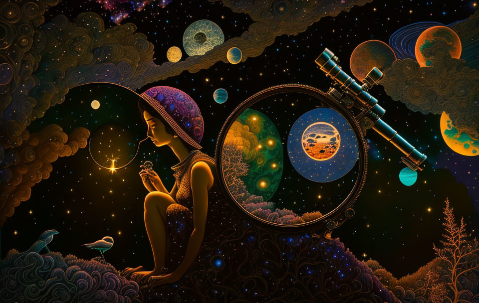 Surreal digital artwork: woman, planets, telescope, flora under starlit sky