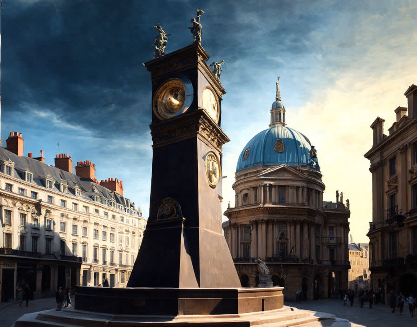 Vintage clock tower and classical architecture in plaza under dramatic sky