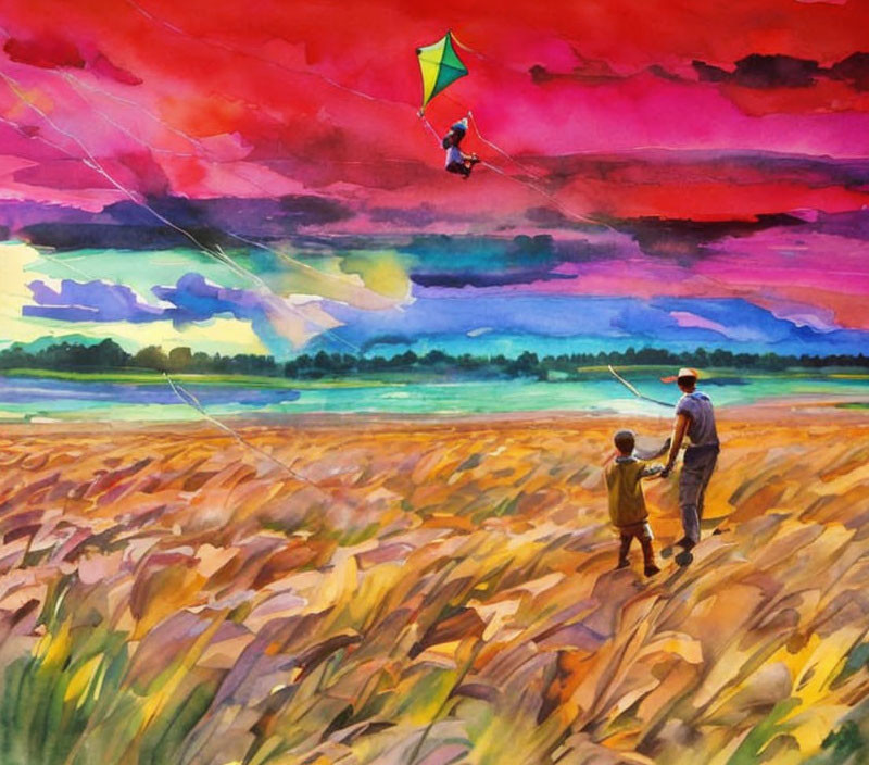 Colorful Watercolor Painting of Adult and Child Flying Kite