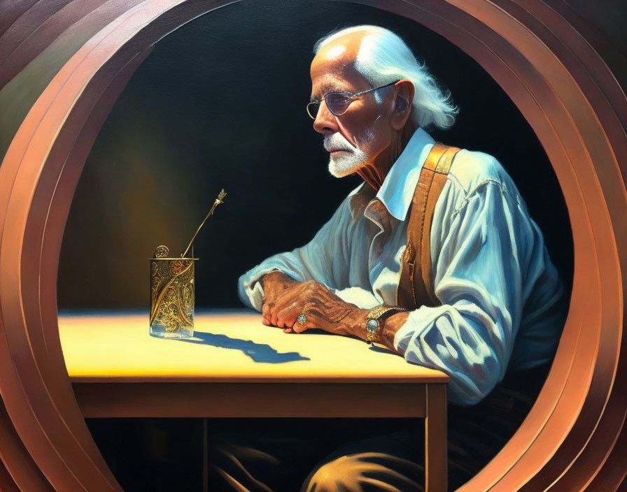 Elderly man with white beard and glasses contemplates golden object on table in warm hues