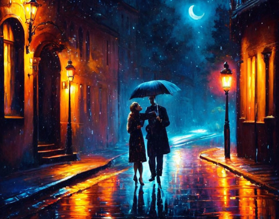 Couple sharing umbrella on rainy cobblestone street at night