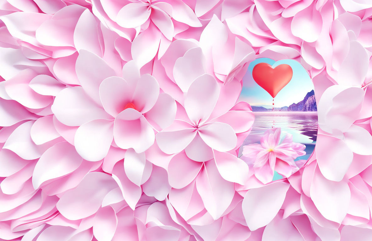 Pink Petal Composition with Heart-shaped Opening and Red Heart Balloon