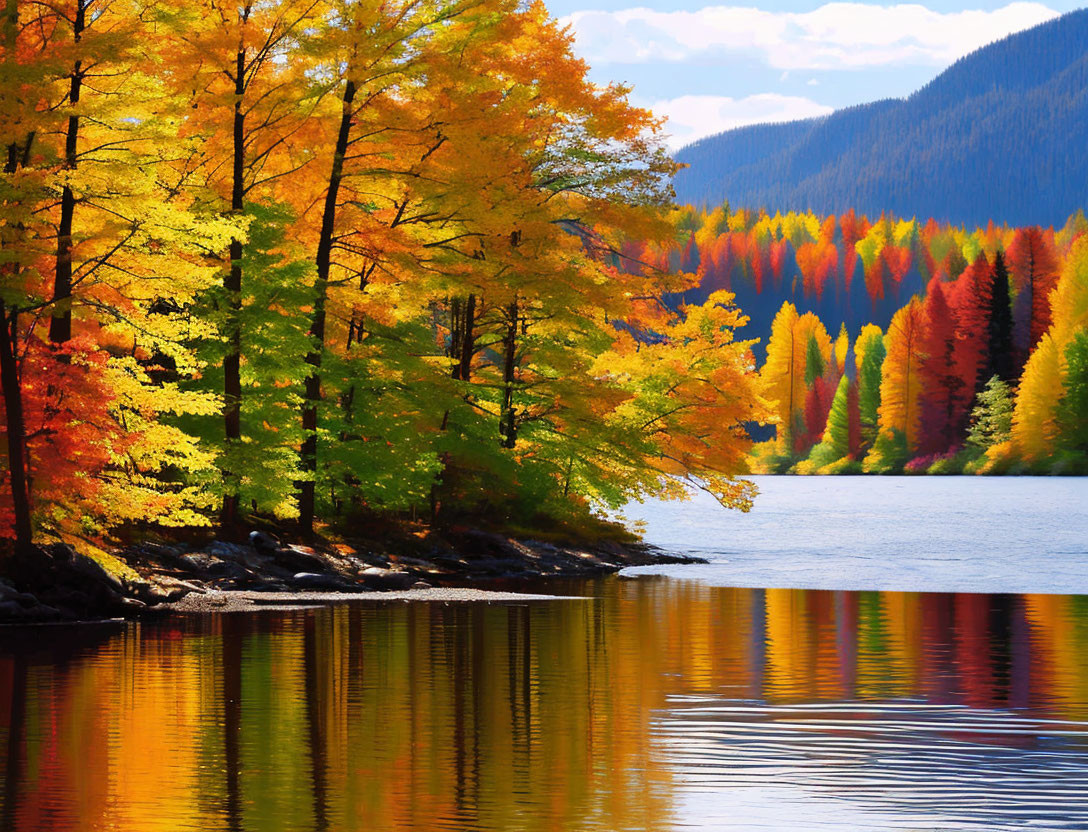 Vivid autumnal trees reflecting on calm lake with evergreen forests and blue sky