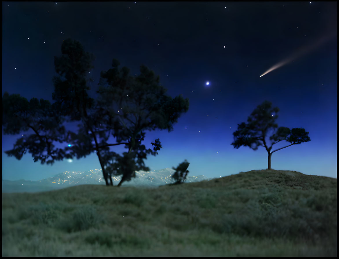 Starry Nightscape with Shooting Star and City Lights