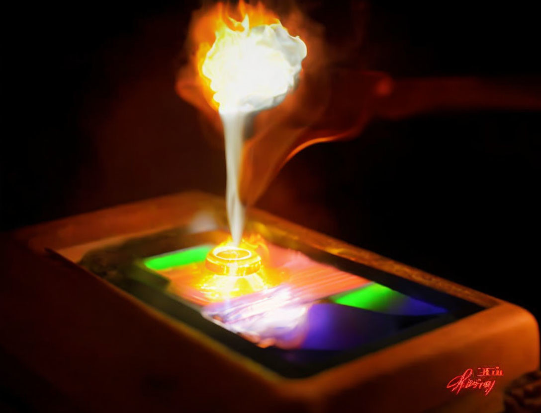 Flaming smartphone with colorful screen and rising smoke