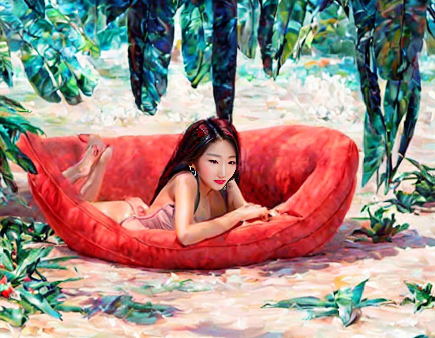 Woman lounging in red inflatable sofa surrounded by vibrant foliage and sand