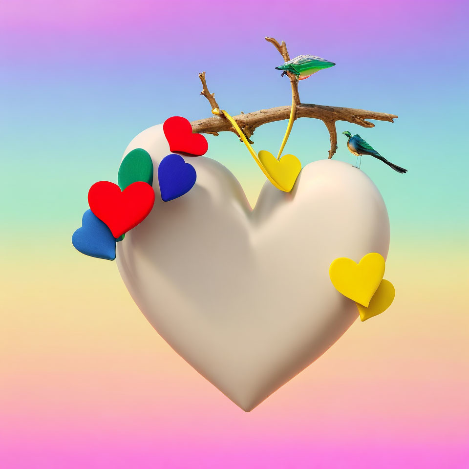 White Heart with Blue Bird and Colorful Hearts on Branch Against Pastel Background