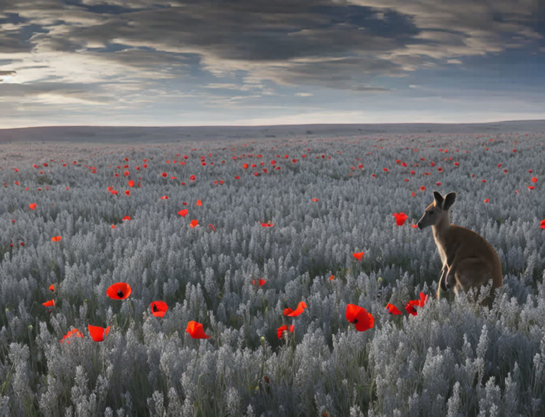 Kangaroo in Gray Field with Red Poppies at Dusk