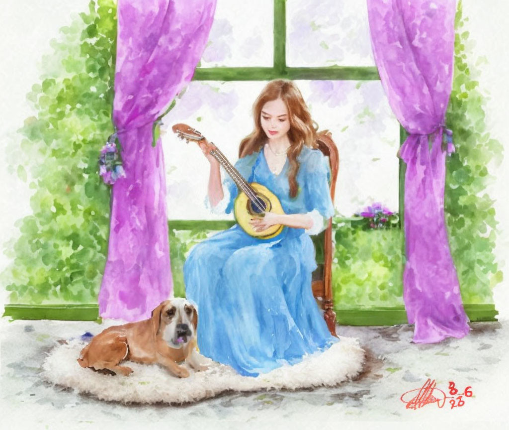 Woman in blue dress playing mandolin by window with dog