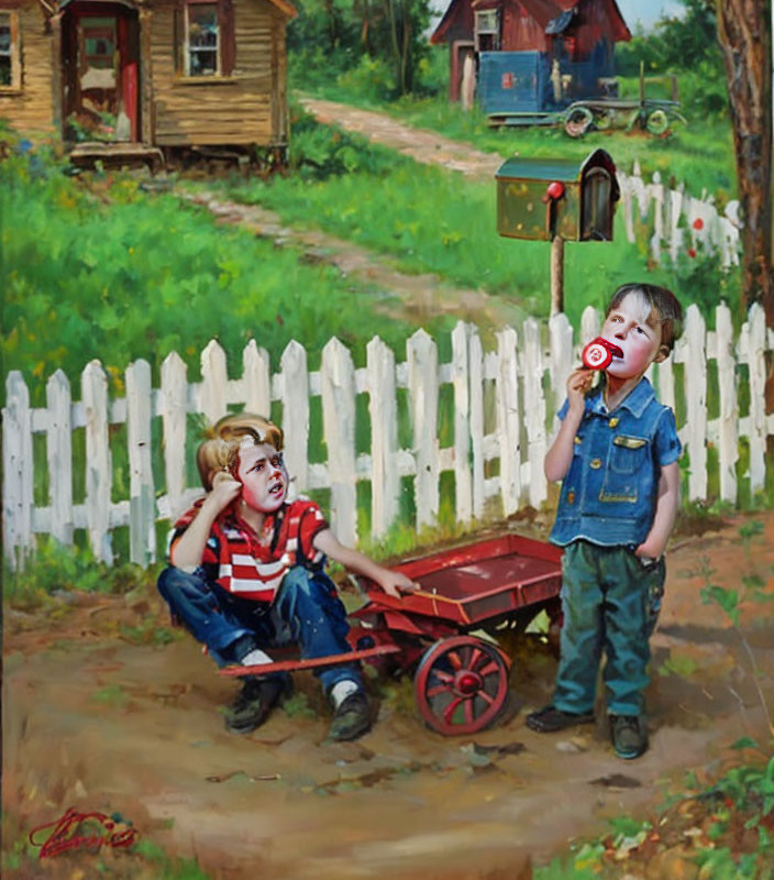 Two boys with face paint by white picket fence