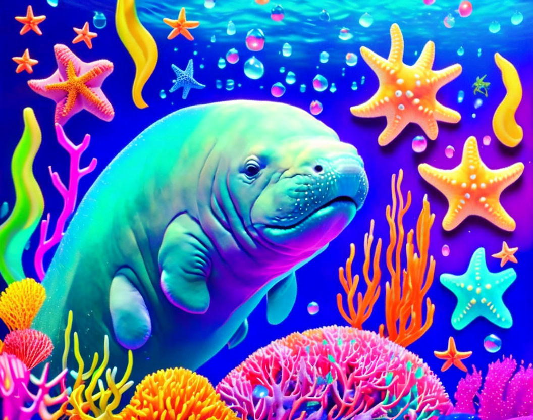 Vibrant marine illustration: Smiling manatee in coral reef scene