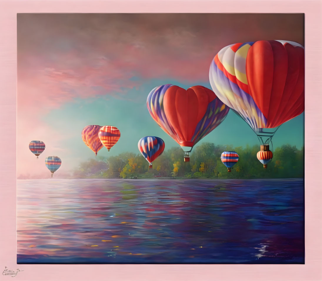 Vibrant hot air balloons over serene sunset water scene