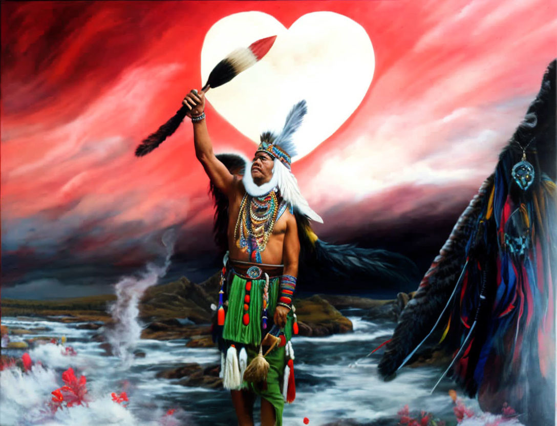 Traditional Native American painting with feathered staff and heart-shaped cloud on rocky coastline