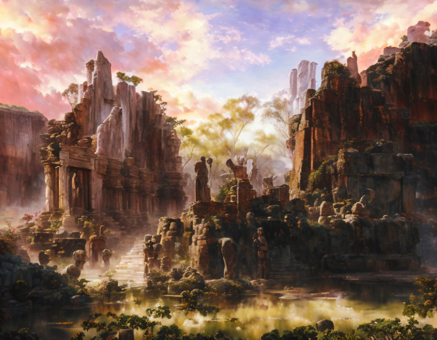 Tranquil landscape: ancient ruins, cliffs, lake, pastel sky