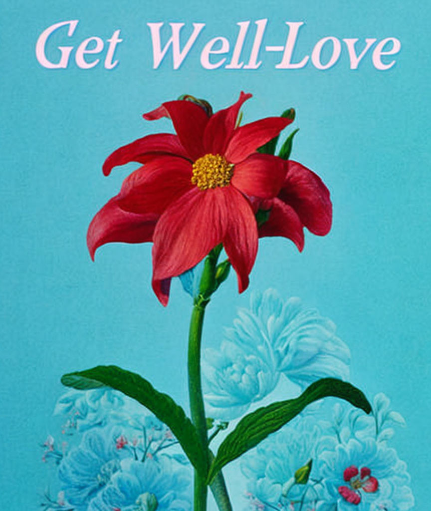 Sympathy card with red flower and blue blooms on teal background