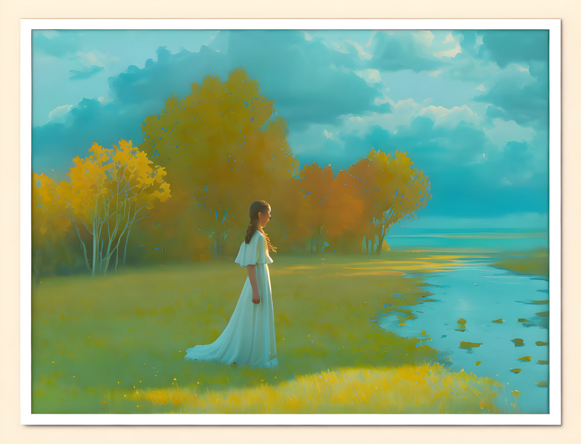 Woman in white dress by calm river in autumn landscape