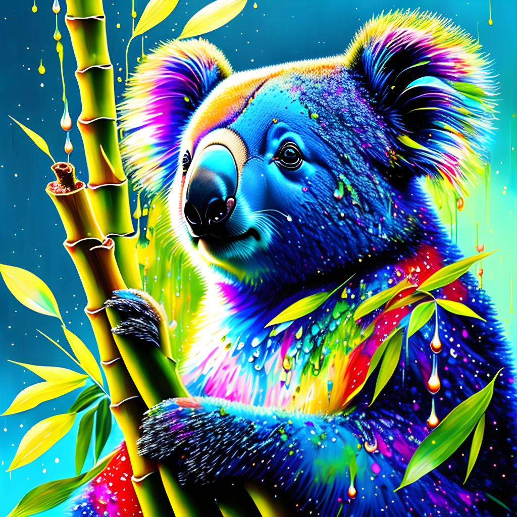 Colorful Koala Artwork with Rainbow Bamboo and Luminescent Background