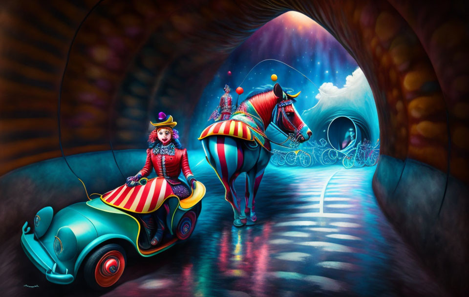 Colorful Clown and Horse Carriage in Surreal Tunnel Scene