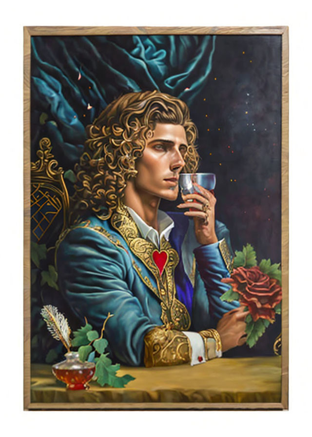 Portrait of person with curly hair holding glass in blue and gold jacket with heart emblem, by rose and