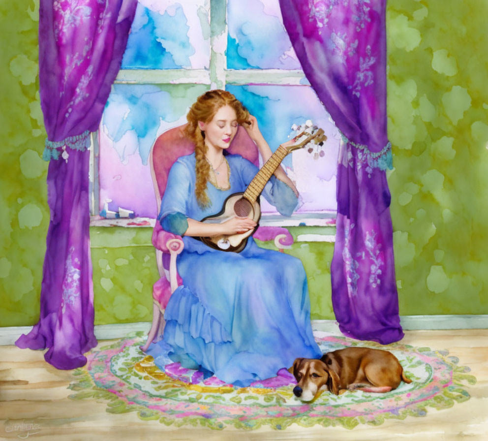 Woman in blue dress playing lute by window with sleeping dog