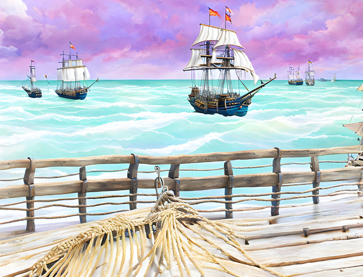 Sailing ships with raised flags on turquoise sea from wooden deck