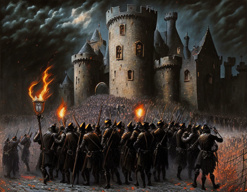 Medieval army with torches in front of majestic castle under stormy sky