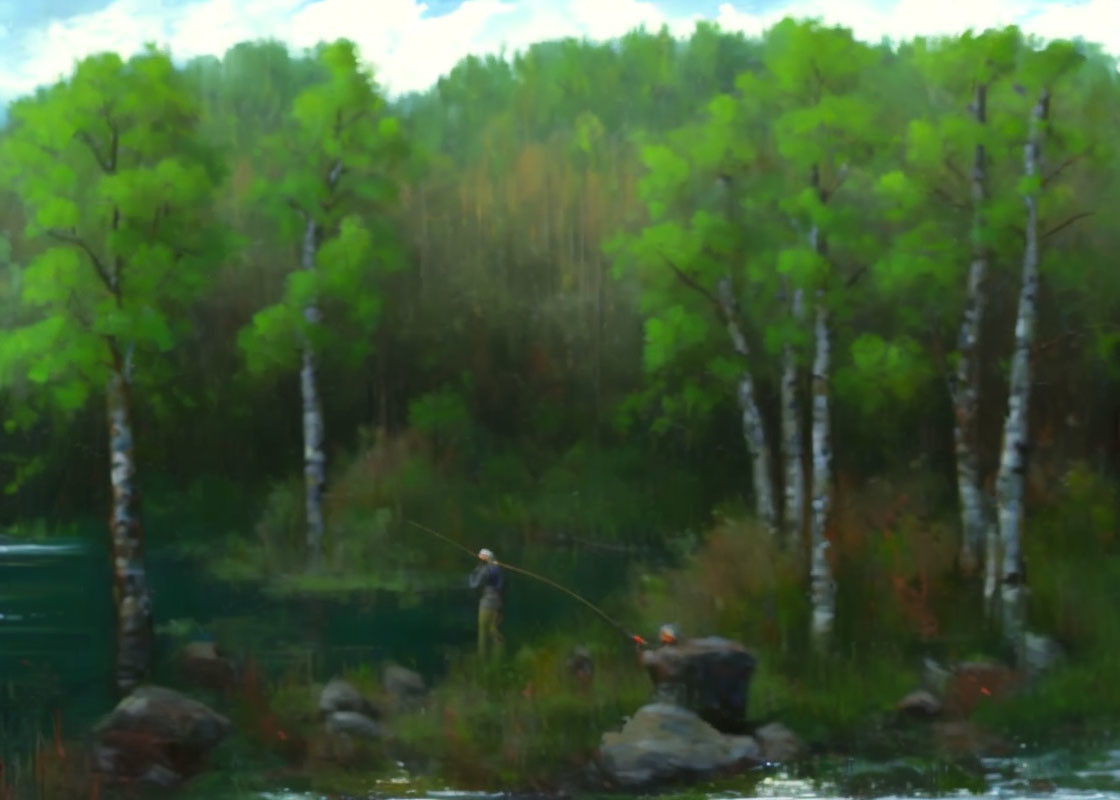 Impressionist-style painting of person fishing by lush lakeside