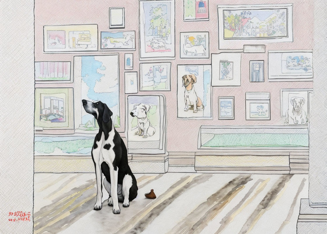 Black and white dog in art gallery surrounded by dog paintings and whimsical sketch