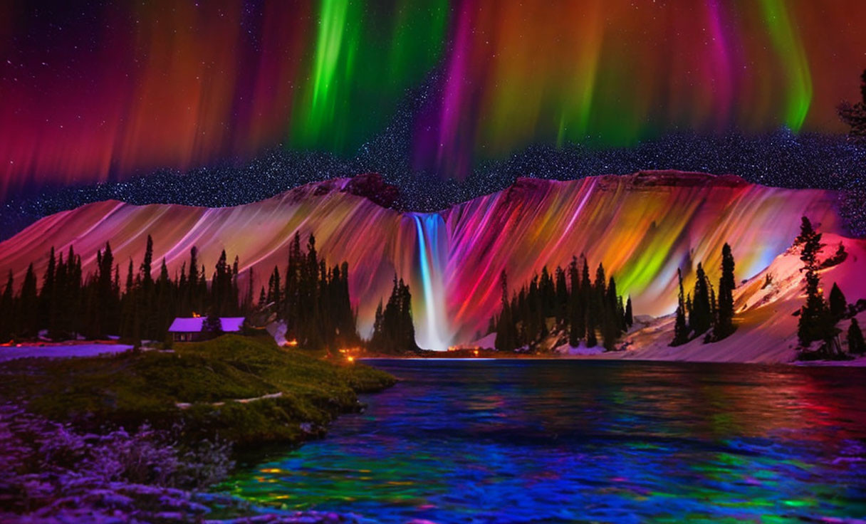 Northern Lights shimmer above colorful waterfall and cabin in starry night scene