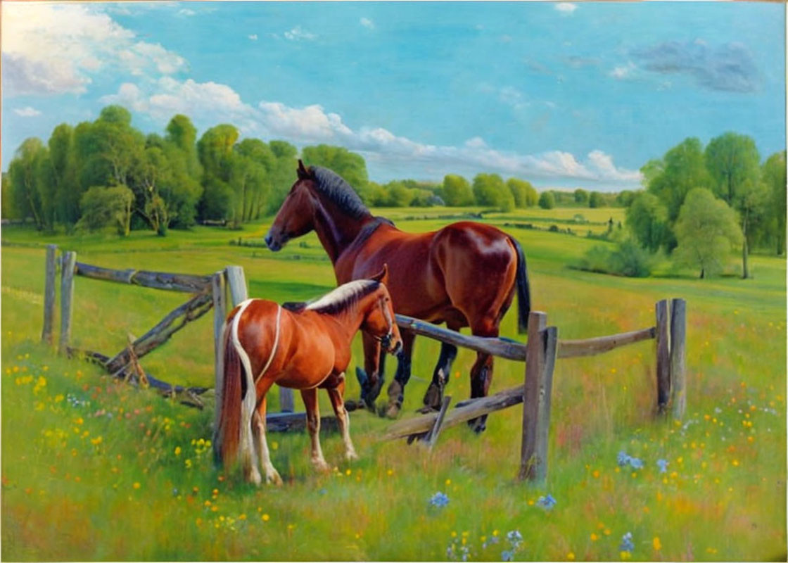 Horses in meadow with wooden fence, trees, yellow flowers, blue sky