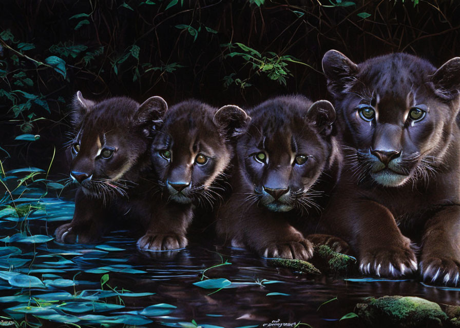 Four cougar cubs near water, featuring blue eyes and alert expressions