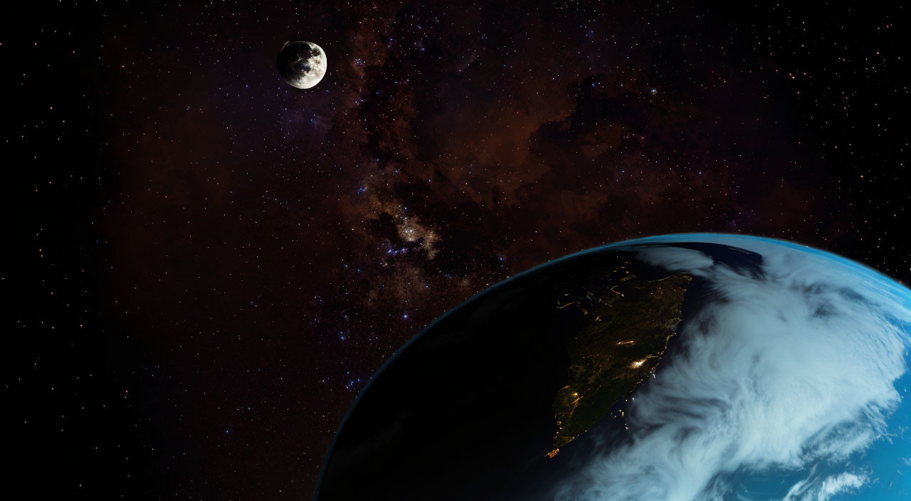 Earth view from space with darkened half, moon, and galaxy backdrop.