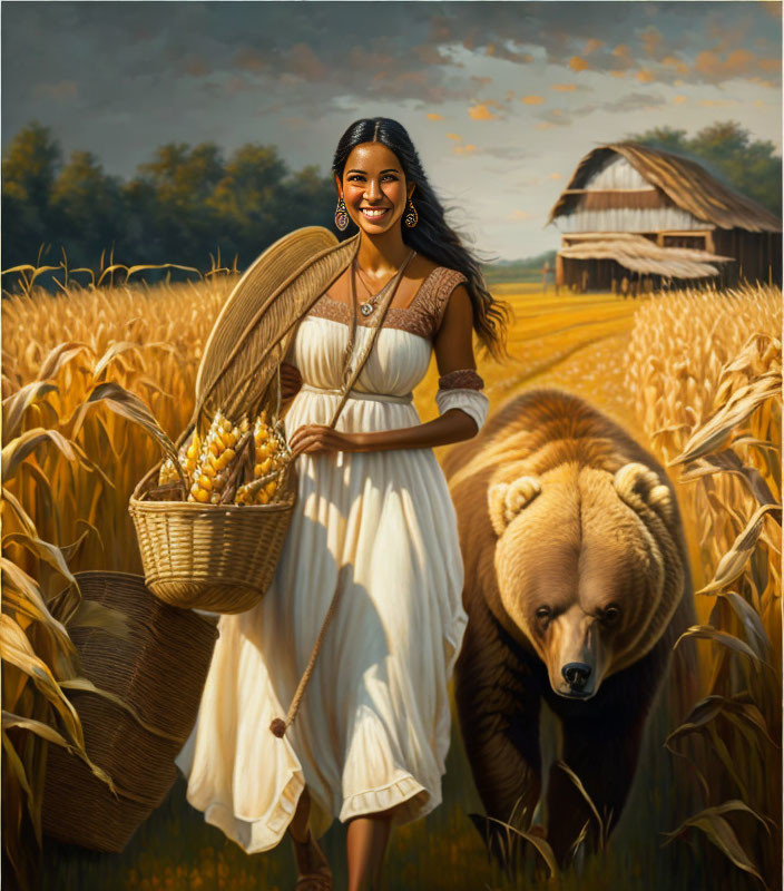 Woman in white dress walks with corn basket in cornfield alongside brown bear and barn.